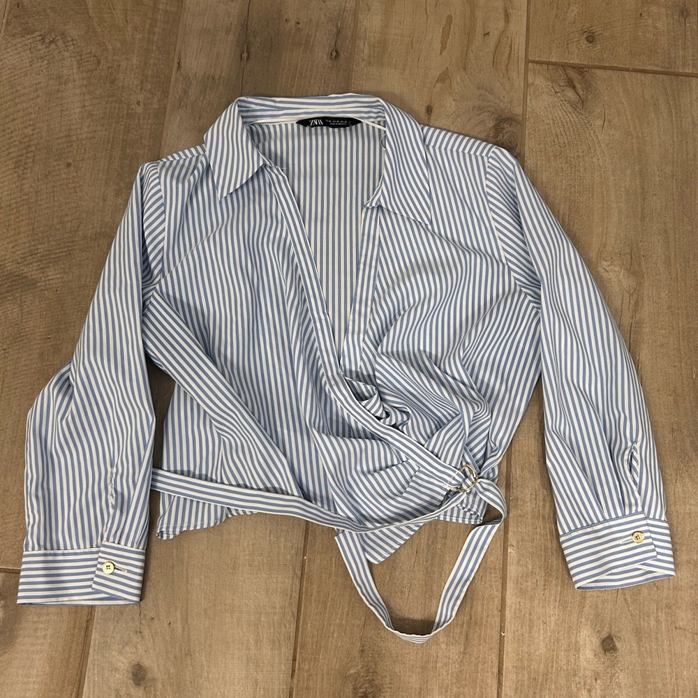 Zara Blue and White Striped Wrap Top